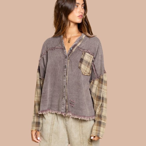 POL Oversized Casual Mocha Plaid Shacket - Picture 4 of 10